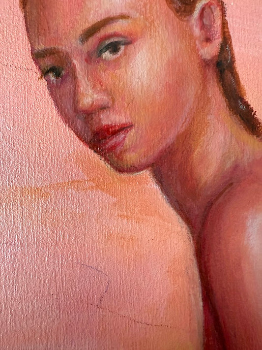 Ankle_Tap_mini-figurative-painting_pink-frame_detail-face