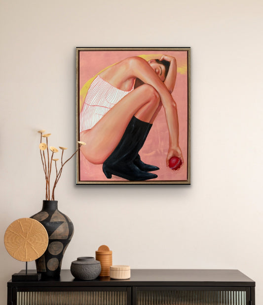 Bowler painting woman black boots hanging