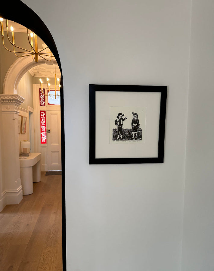 Cowboys and Indians black framed lino print