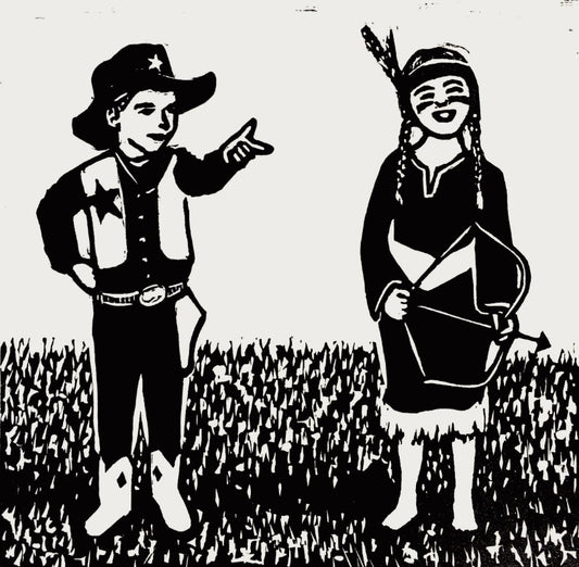 Cowboys and Indians black and white retro print