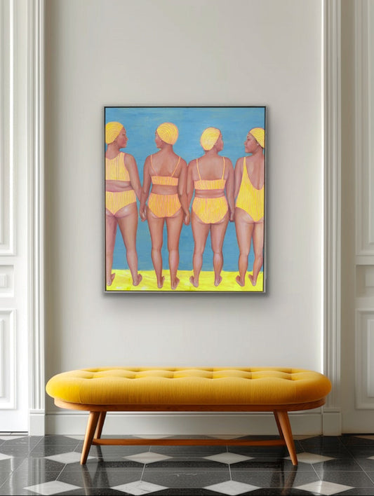Dream Team summer figurative painting with women swimmers