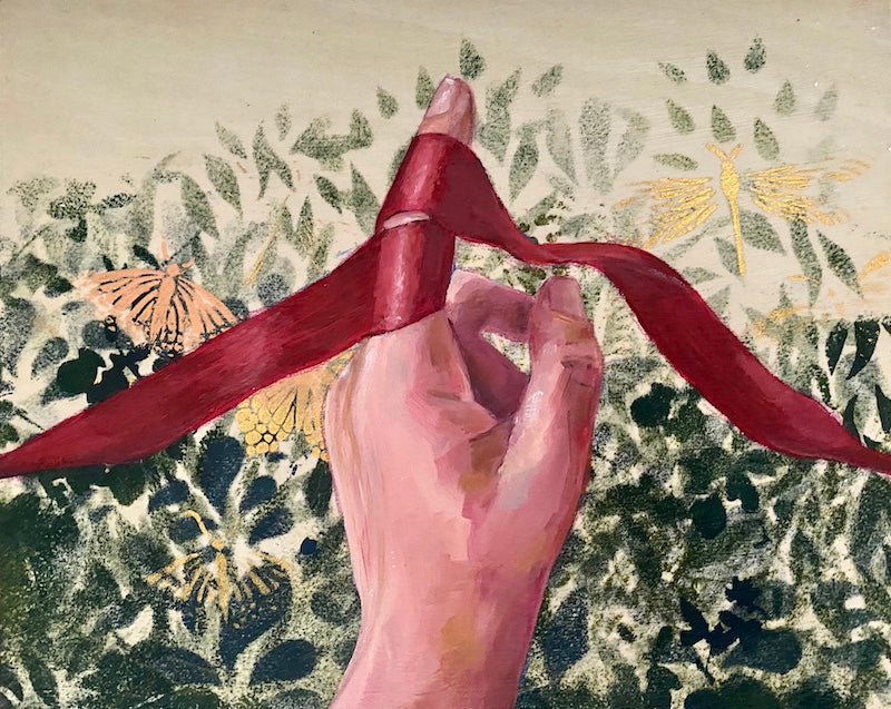 Hand of Fate #3 hand with red ribbon by Leah Mariani