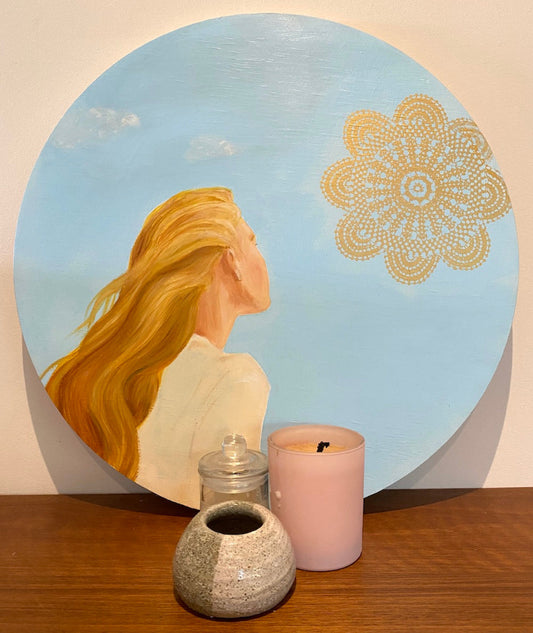 Sun Worship round painting of woman by Leah Mariani