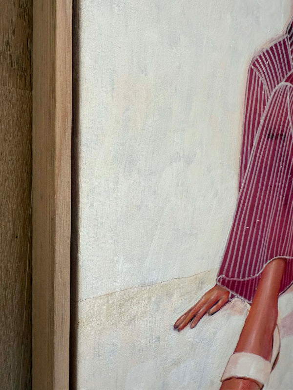 Cross_Court__figurative_painting__woman_stripy_framed_neutral