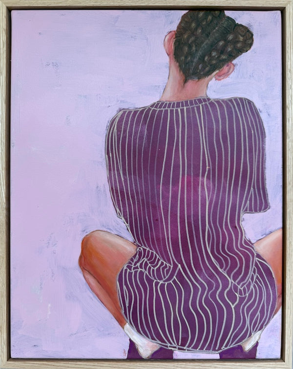 Framed artwork of a person wearing a purple striped outfit by Leah Mariani