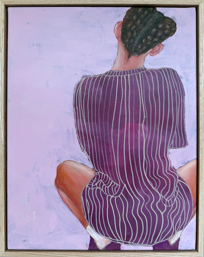 Framed artwork of a person wearing a purple striped outfit by Leah Mariani