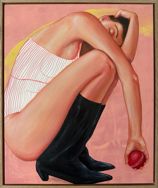 Bowler figurative painting woman black boots