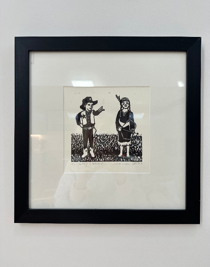 Cowboys and Indians black and white lino print