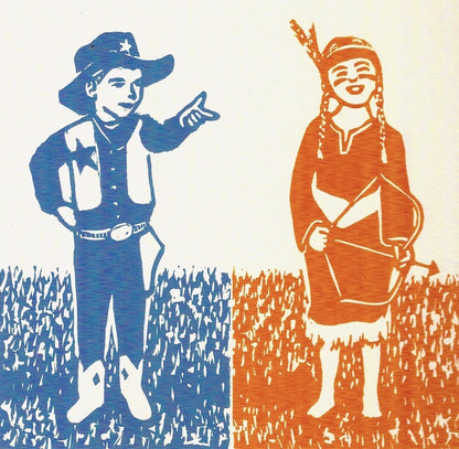Cowboys and Indians handmade lino print detail Melbourne artist