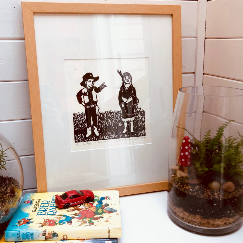 Cowboys and Indians nursery print black and white