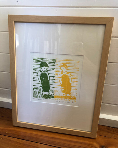 Double Trouble green and yellow linoprint framed
