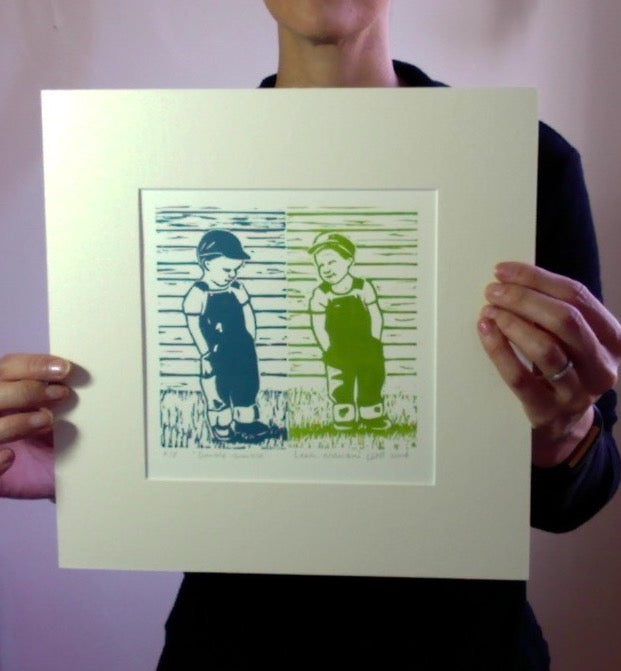 Double Trouble lino print twin boys green and blue