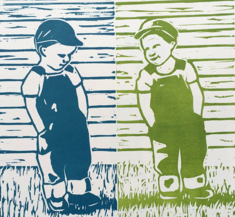 Double Trouble lino print blue and green handmade Melbourne artist