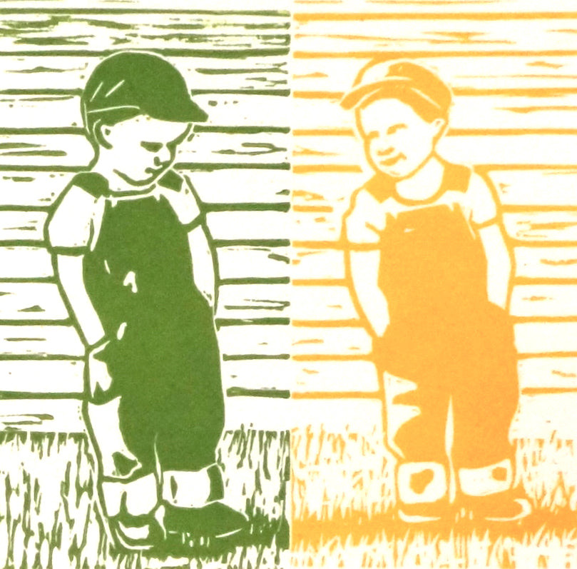 Double Trouble twin boys green and yellow retro print by Melbourne artist Leah Mariani