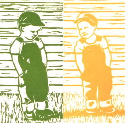 Double Trouble twin boys green and yellow retro print by Melbourne artist Leah Mariani