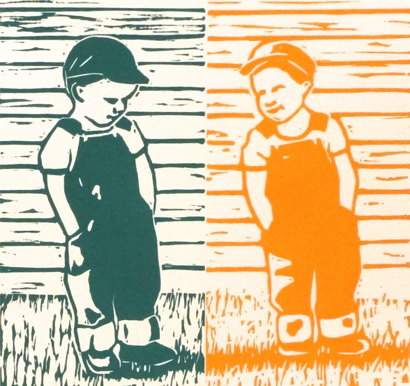 Double Trouble yellow lino print twin boys Leah Mariani