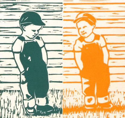 Double Trouble yellow lino print twin boys Leah Mariani
