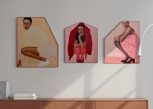 Five-sided paintings on plywood by artist Leah mariani cropped
