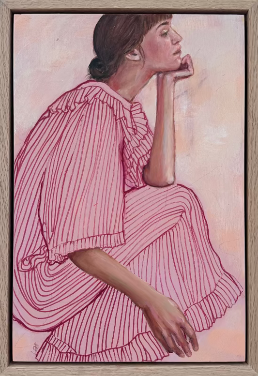 Game-Plan-mini-Figurative-painting_Stripy-dress_Leah-Mariani