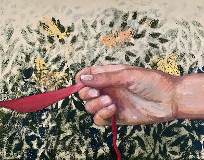 Hand of Fate #2 hand painting with red ribbon by Leah Mariani