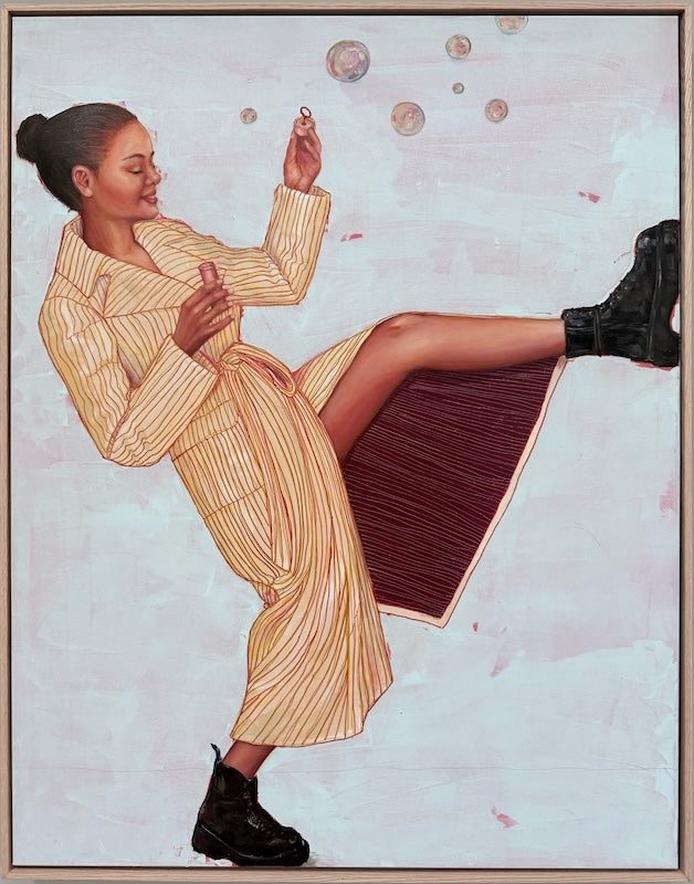 Kick_Start_painting_woman_blowing_bubbles_framed_Leah-mariani