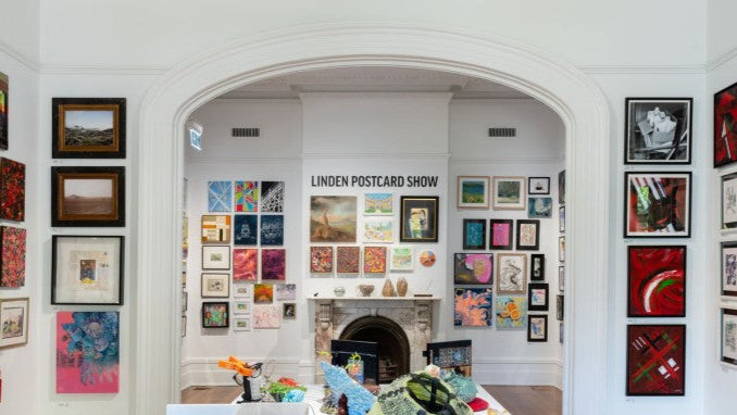 Linden-Postcard-Show with various artworks on walls