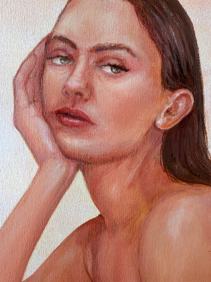MARIANI_LEAH_Keeping-Score_painting-red-stripes_woman-sitting-detail-face