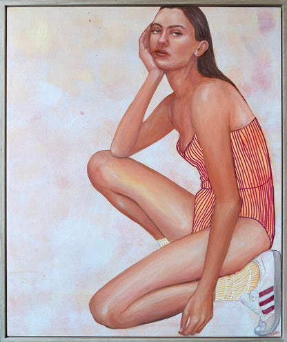 MARIANI_LEAH_Keeping-Score_painting-red-stripes_woman-sitting