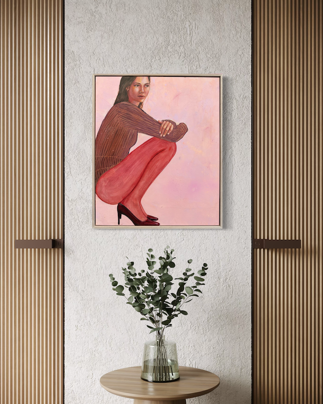 Night_Game_Framed_artwork_of_a_woman_with_a_pink_background_styled_home
