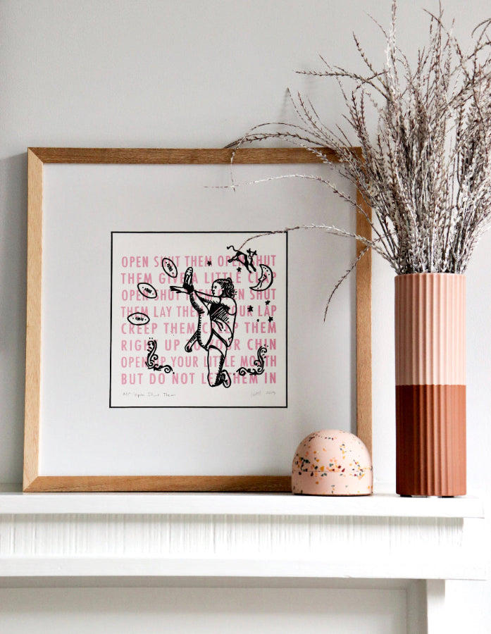 Open Shut Them footballer print framed pink