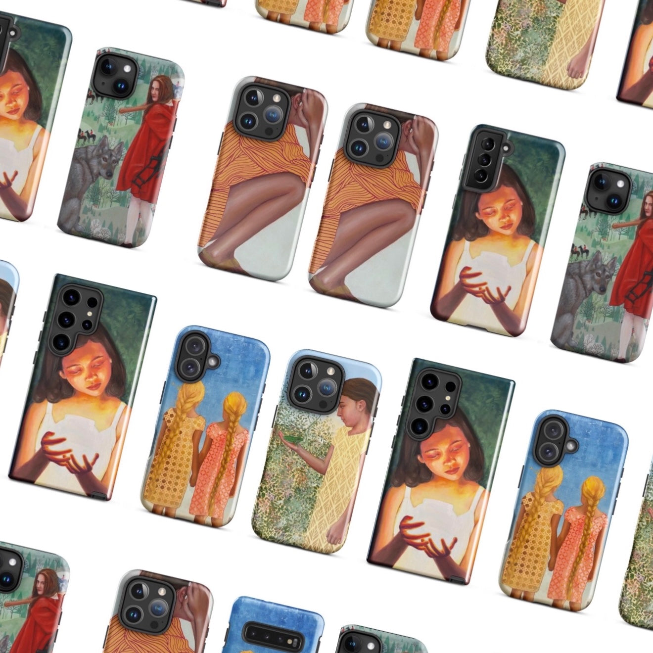 Pattern of phone cases with artistic illustrations by Leah Mariani
