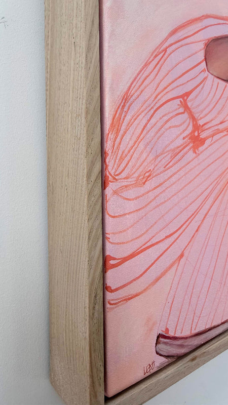 Touchdown_mini-pink-figurative-painting_side_framed-oak