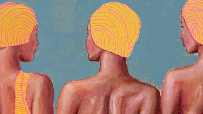 TripleThreat_figurative-painting_three-women_bathing-suits_detail-faces-swimming-caps