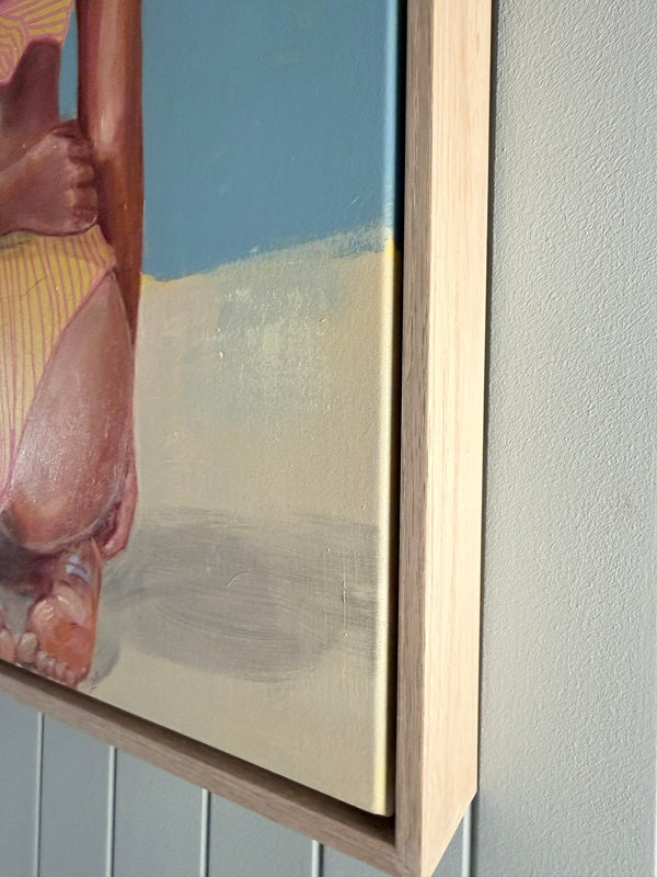 TripleThreat_figurative-painting_three-women_bathing-suits_framed-natural-oak