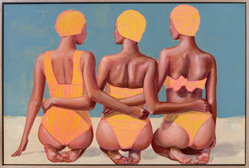 TripleThreat_figurative-painting_three-women_bathing-suits_yellow-blue-pink