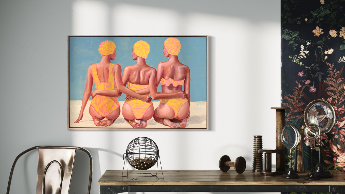 Triplet threat swimmer painting of three woman in bathing suits at beach by artist Leah Mariani in stylish home