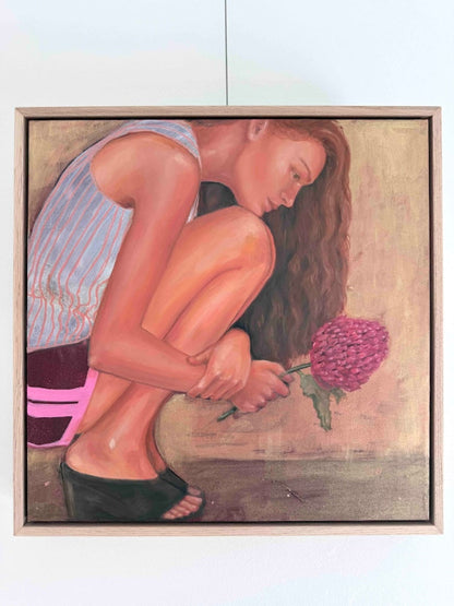 Unfold_painting woman with Waratah flower framed hanging white wall