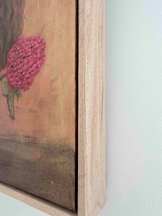 Unfold_painting woman with Waratah flower framed in natural oak